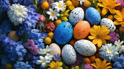 Obraz premium Easter eggs - painted eggs against a background of spring flowers. 