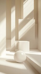 White sphere on minimalist beige platform, sunlit room, product display