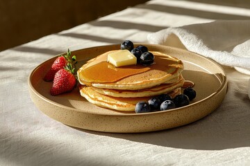 Fluffy pancakes with butter, maple syrup, and fresh berries, styled for breakfast menu design, food photography style. AI generated image.