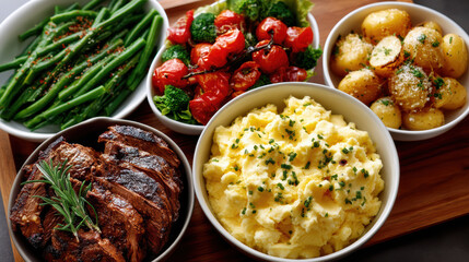 delicious comfort food feast featuring mashed potatoes, grilled vegetables, and roasted meat