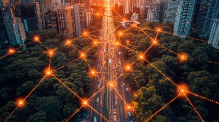 Fototapeta premium Aerial view of city street at night with glowing network connections, lush green trees and warm lighting.