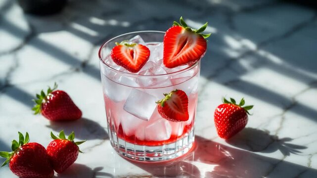 Cool cocktail with vodka, strawberry syrup, fresh strawberries, and crushed ice.