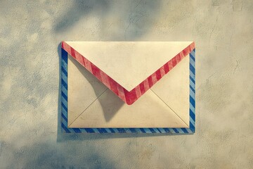 Air mail envelope with red-blue border on pastel surface, clean stationery concept with photorealistic texture. AI generated image.