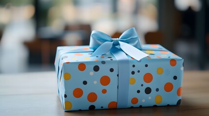 A close up of a birthday or holiday gift wrapped in blue paper with an orange and black polka dot pattern tied with a vibrant blue ribbon bow