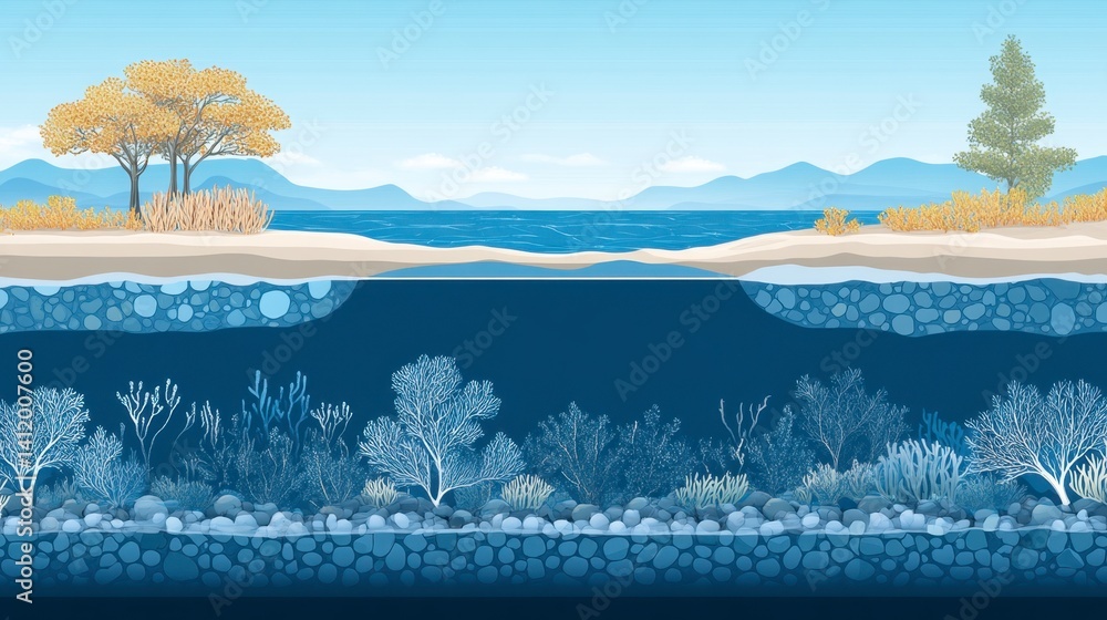 Poster pixel art landscape depicting a serene coastal scene with a split view showing both above and below 