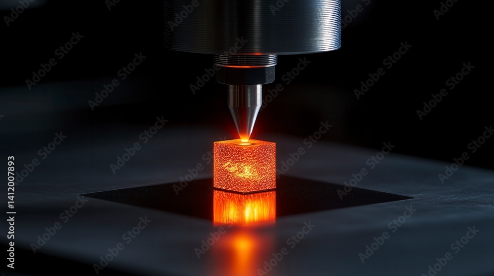 Poster close up of a 3d printer nozzle precisely depositing material onto a small, glowing, lattice structu