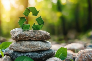 Recycle symbol made of leaves on stacked stones in forest background. Calm and eco-friendly design. AI generated image.