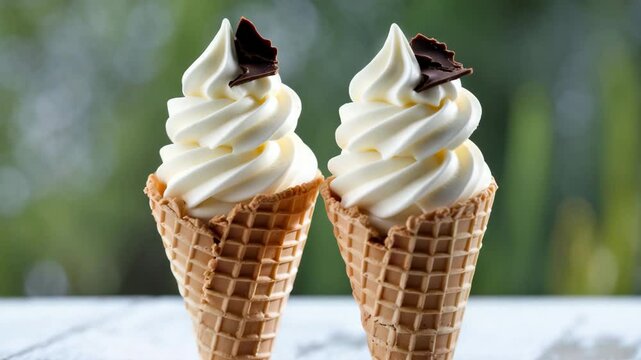 Two wafer cones filled with soft whipped vanilla ice cream and garnished with chocolate flakes.