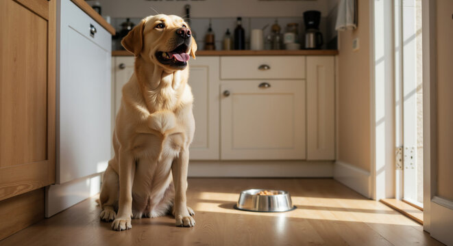 Golden labrador retriever sitting in kitchen with food bowl nearby bathed in sunlight from window. Happy pet dog in home environment for pet care and animal companionship marketing campaigns