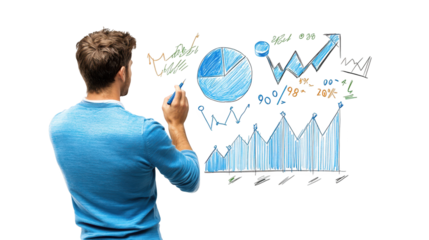 Man drawing graphs on blackboard, visualizing data analysis and interpretation