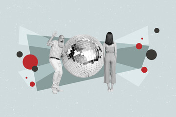 Trend abstract collage of people dancing on blue color background with disco ball