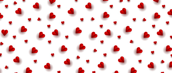 Pattern of red hearts on a white background. Valentine’s Day background in papercut style. Vector illustration.