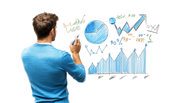 Man drawing graphs on blackboard, visualizing data analysis and interpretation