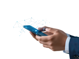 Professional in a suit using cell phone for business communication and online tasks