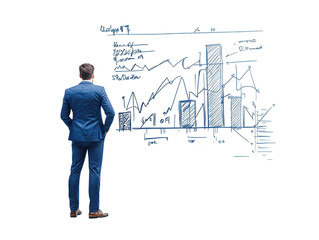 Businessman in a suit delivering presentation at blackboard in modern office setting