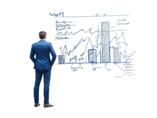 Businessman in a suit delivering presentation at blackboard in modern office setting