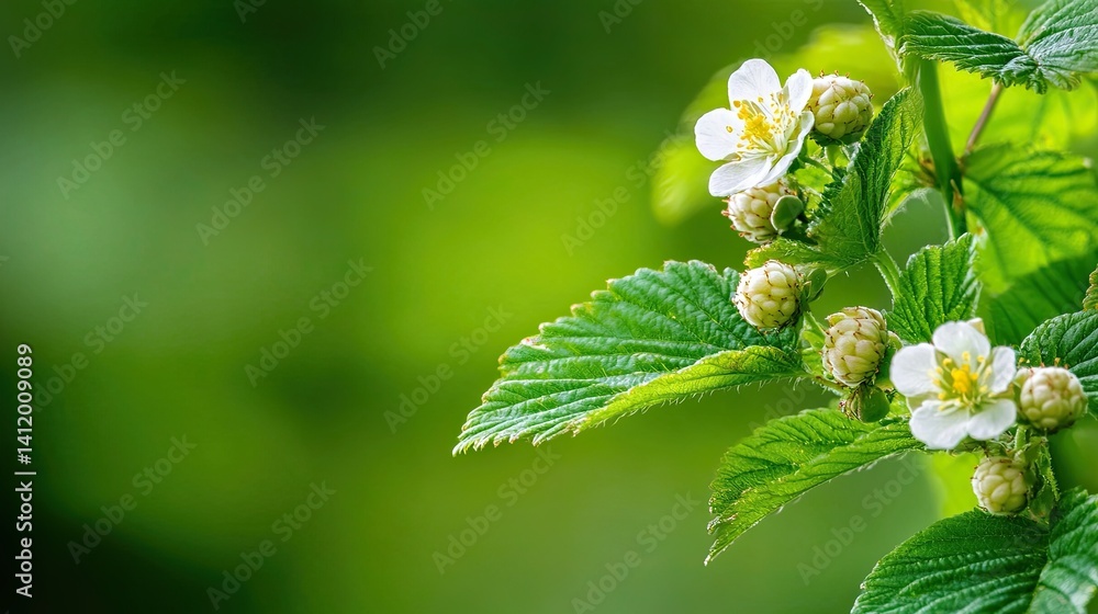 Poster raspberry bush in bloom â€“ raspberry flowers with small details.