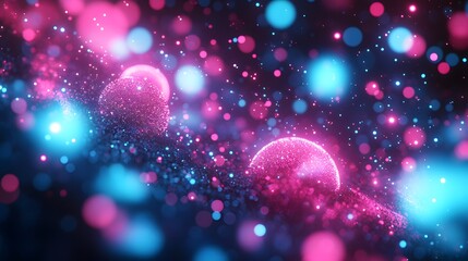 Pink and blue glowing hearts amongst sparkling particles.