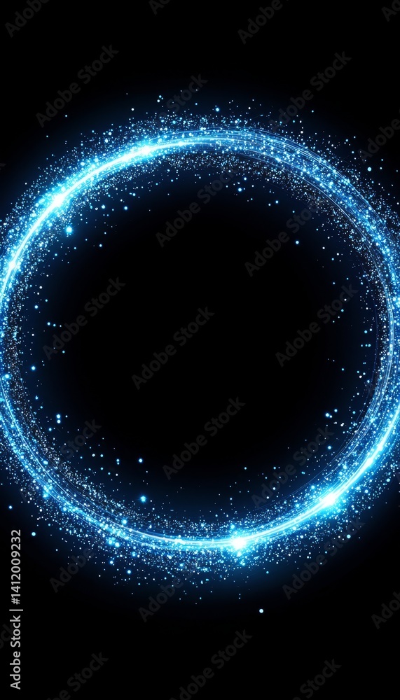 Poster blue glowing circle frame on black background with shiny sparkles and grey spark particles effect