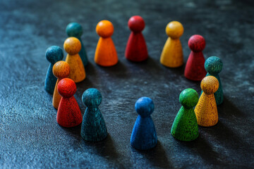 Colorful wooden game pieces arranged in a circle on a dark surface a team meeting concept