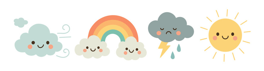 Flat weather strip with happy cloud, rainbow, storm icon, and bright sun, perfect for illustrating cheerful or dramatic seasonal changes.