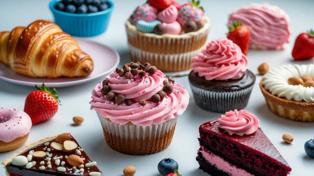 Assortment of different confections and treats, featuring croissant, donut, cupcake, choco balls, cake, pie, blueberry tart, and red velvet cake. Bakery delights showcased on a white backdrop.