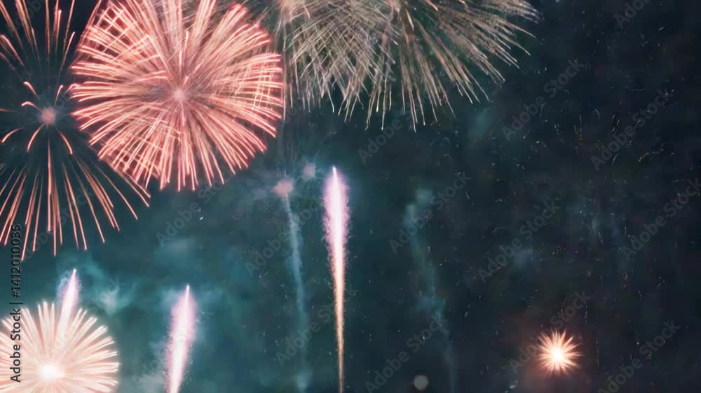 Poster bokeh light texture of fireworks background in defocused videos with colorful styles and tones.