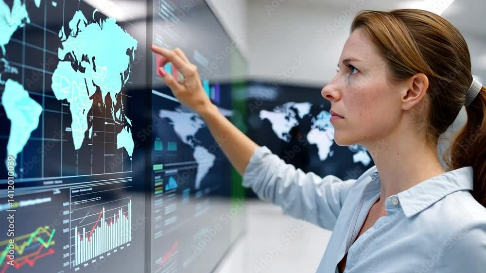 Poster global analysis: a focused analyst interacts with a detailed world map display in a modern, high-tec