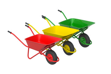 Row of colorful wheelbarrows isolated on white background. Gardening and farming equipment. Construction tool. 3d render