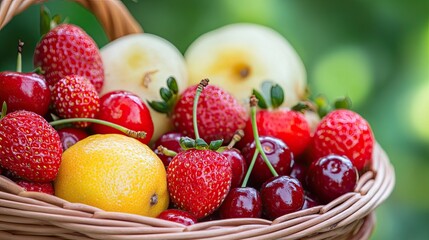 Spring fruits &acirc;&euro;&ldquo; a basket of fresh fruits such as strawberries or cherries. 