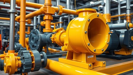 A yellow industrial pump and complex piping system are prominently featured in a detailed close-up shot of a modern factory or refinery.