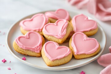 Heart-shaped cookies, frosted in a delicate pink icing, arranged on a white plate