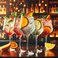 Five colorful gin tonic cocktails stand on bar counter. Alcoholic drinks in wine glasses. Refreshing beverage, orange slices, ice cubes, mint leaves.