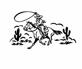 Hand drawn vintage western cowboy riding horse and lassoing