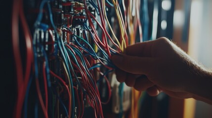 Electrician wiring a smart home system for new residential construction. Featuring innovation and expertise