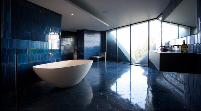 A stylish bathroom with deep blue tiles features a spacious freestanding bathtub situated by a large window, reflective floor tiles