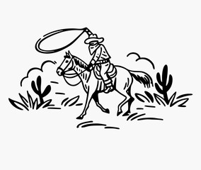 Hand drawn vintage western cowboy riding horse and lassoing