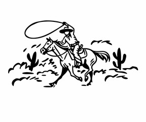 Hand drawn vintage western cowboy riding horse and lassoing