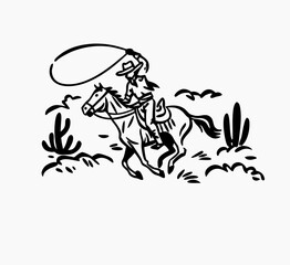 Hand drawn vintage western cowboy riding horse and lassoing