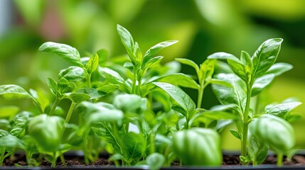 Thyme or basil are young plants that have appeared in the garden.