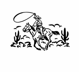 Hand drawn vintage western cowboy riding horse and lassoing