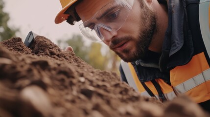 Engineer analyzing soil stability at an excavation site. Featuring scientific assessment and planning