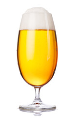 A glass of beer with a golden hue and frothy head, isolated on a clean white background