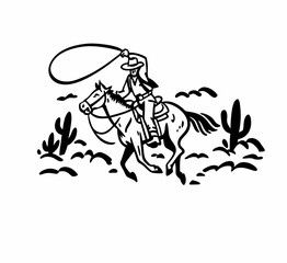 Hand drawn vintage western cowboy riding horse and lassoing