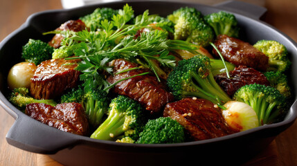Sizzling beef stir fry with vibrant broccoli and fresh herbs creates delicious dish
