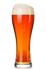 A glass of amber beer with frothy head, isolated on a clean white background