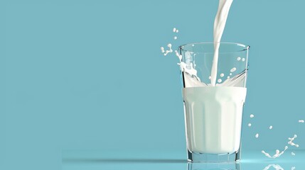 Milk being poured into a glass against a blue background. Macro photograph of milk pouring in to glass with milk create splashing motion with blue background image. Food and beverage concept. AIG51.