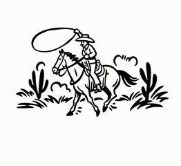 Hand drawn vintage western cowboy riding horse and lassoing
