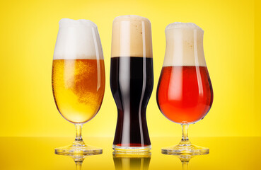 A selection of various beer glasses filled with different types of beer