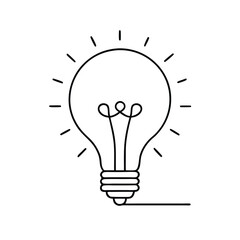 A minimalistic line art of a glowing light bulb, showing simple electrical connections. Isolated on a white background 